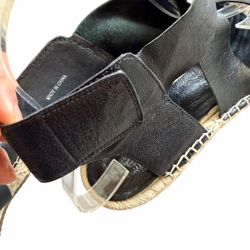 Eileen Fisher Willow Black Wedge Espadrille Platform Leather Sandals Size 8